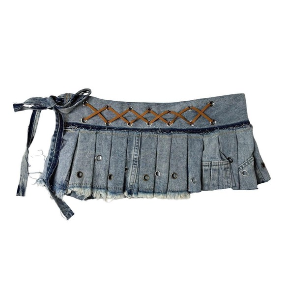 Dresses & Skirts - upcycled denim pleated mini skirt-belt